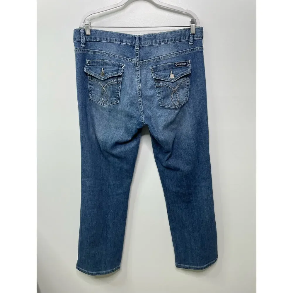 Calvin Klein‎ Whiskered Bootcut Jeans Mid Rise Denim Medium Wash Blue Womens 14